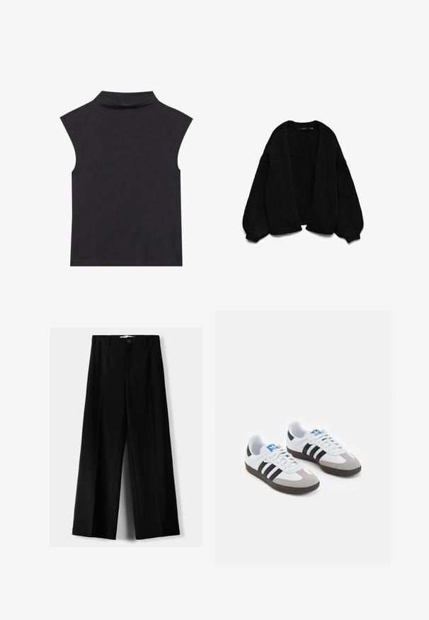 Cardigan nero lavorato a maglia con finitura testurizzata, design con apertura frontale e maniche oversize. Presenta polsini e orlo a coste.; Top nero senza maniche con colletto alto, realizzato in tessuto morbido. Caratterizzato da bordi grezzi e una forma aderente, senza motivi visibili o decorazioni.; Pantaloni neri a gamba larga realizzati in tessuto leggero, caratterizzati da una chiusura frontale con bottone e frontale piatto, con orli cuciti con precisione.; Scarpe sportive con tomaia in pelle bianca, punta in suede grigia e tre strisce nere. Presentano un logo blu sulla linguetta e una suola in gomma testurizzata.