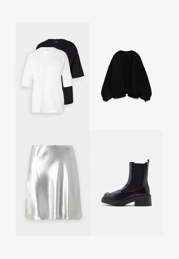 Cardigan de punto negro con un acabado texturizado, diseño de frente abierto y mangas extra grandes. Presenta puños y dobladillo acanalados.; Dos camisetas de manga corta, una blanca y una negra, hechas de algodón. Cuentan con un cuello redondo y un corte holgado y relajado con una textura suave.; Minifalda metálica plateada con una textura suave y un ligero brillo. Presenta un diseño acampanado y un dobladillo sencillo y limpio.; Botas Chelsea negras con tacón grueso, cuentan con una parte superior de cuero brillante y paneles laterales elásticos para facilitar su uso. Suela de goma sólida.
