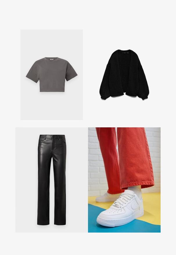 Černý pletený kardigan s texturovaným povrchem, s otevřeným předním designem a přehozenými rukávy. Obsahuje žebrované manžety a lem.; Šedé zkrácené tričko vyrobené z bavlny, s krátkými rukávy, kulatým výstřihem a jednoduchým, jednobarevným designem bez vzorů.; Černé kožené kalhoty se střihem rovného střihu, s knoflíkovým zapínáním a předními kapsami. Hladká textura s jemnými detailem šití.; Bílé kožené tenisky s perforovanou špičkou, texturovanou podešví a bílými tkaničkami, v kombinaci s širokými červenými kalhotami a modro-žlutým pozadím.