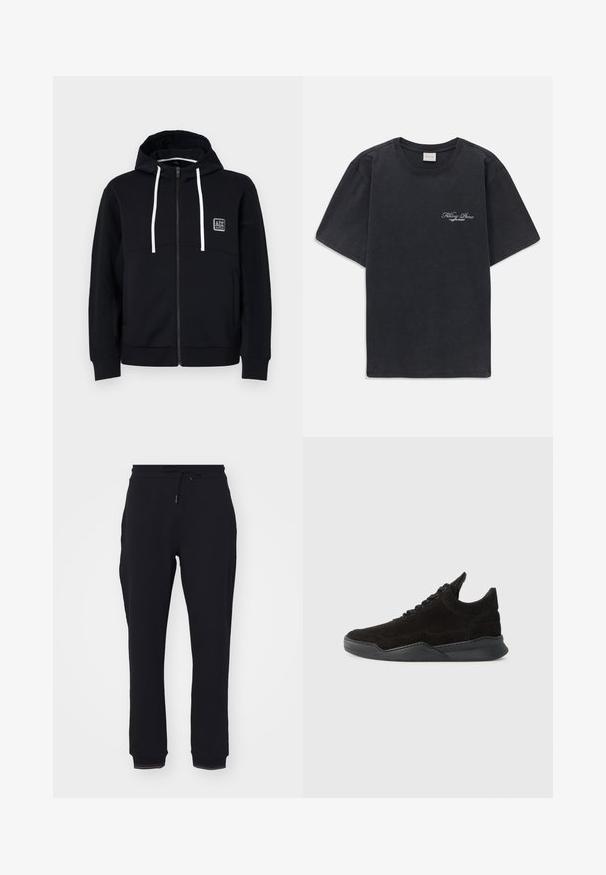 Svart hettegenser med glidelås, hvite snor, teksturerte svarte ermer, og et lite logo-patch på brystet. Mykt stoff med en tettsittende stil.; Svart kortermet t-skjorte med rund hals og liten hvit "Filling Pieces" tekstlogo på venstre bryst.; Sorte joggebukser laget av mykt stoff, med elastisk midje og snøring samt ribbestrikkede mansjetter ved anklene.; Svart semsket sneaker med lav profil, teksturert overdel, flate lisser og en solid gummisåle med en svak hæl og buet design.