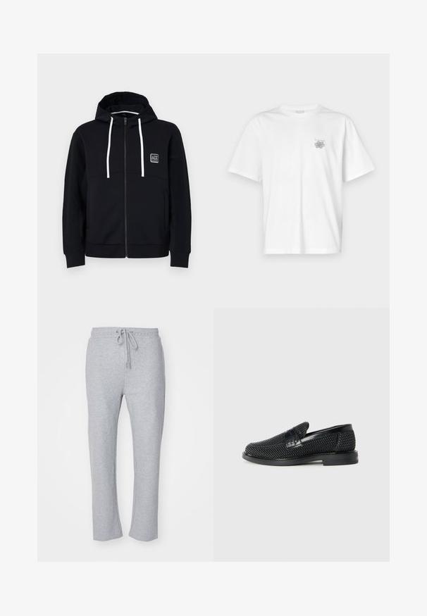 Čierna mikina s kapucňou na zips, biele šnúrky, štruktúrované čierne rukávy a malá logo nášivka na hrudi. Mäkká látka s priliehavým strihom.; Biela tričko vyrobené z bavlny, s krátkymi rukávmi, okrúhlym výstrihom a malým šedým logom na oblasti ľavej hrude. Hladká textúra.; Šedé tepláky vyrobené z měkkého jerseye, s elastickým pásem na šnúrku a rovnými nohavicami, bez dalších vzorov či akcentov.; Čierne tkané slip-on topánky s hladkým koženým akcentom na vrchnej časti, s okrúlym dizajnom špičky a nízkoprofilovou gumovou podrážkou.