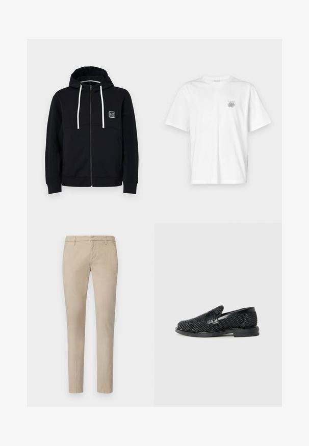 Svart hettegenser med glidelås, hvite snor, teksturerte svarte ermer, og et lite logo-patch på brystet. Mykt stoff med en tettsittende stil.; Hvit T-skjorte laget av bomull, med korte ermer, rund hals og en liten grå logo på venstre brystområde. Smooth tekstur.; Beige chinos laget av bomull. Slim fit design med rett ben, med beltehemper og en glatt tekstur. Ingen synlige mønstre eller accenter.; Sorte vevde slip-on sko med en glatt lærdetalj på overdelen, design med rund tå og en lavprofil gummisåle.