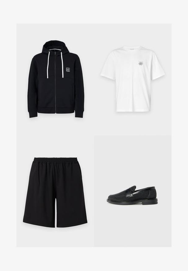 Melna kapuce ar rāvējslēdzēju, baltām saites, teksturētām melnām piedurknēm un nelielu logotipa uzšuvi uz krūtīm. Mīksts audums ar pieguļošu stilu.; Baltas kokvilnas T-krekls ar īsām piedurknēm, apaļu dekoltē un mazu pelēku logo kreisajā krūšu daļā. Gluda tekstūra.; Melnas sporta šorti, kas izgatavoti no viegla auduma. Iespējas elastīga josta un brīvs piegriezums bez kabatām.; Melnas austas slaidu kurpes ar gludu ādas akcentu augšpusē, apaļas formas purngalu un zemas profila gumijas zoli.