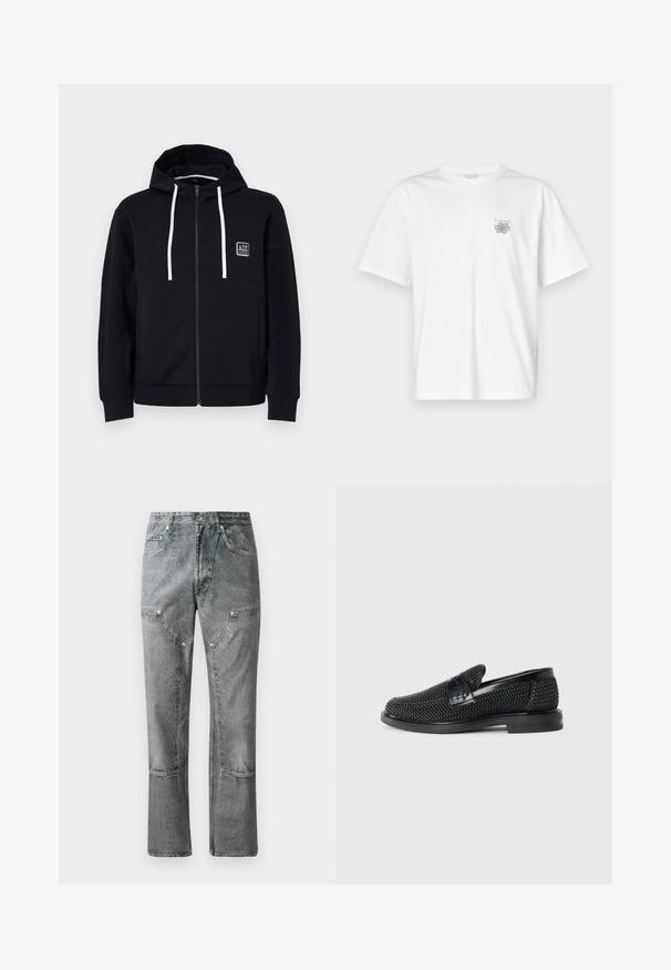 Felpa nera con zip, cordini bianchi, maniche nere con texture e una piccola toppa con logo sul petto. Tessuto morbido con uno stile aderente.; T-shirt bianca in cotone con maniche corte, colletto tondo e un piccolo logo grigio nella zona sinistra del petto. Texture liscia.; Jeans in denim grigio con taglio dritto, dotati di tasche frontali, cuciture a vista e finitura scolorita. Il materiale ha una texture liscia.; Scarpa nera a mocassino intrecciata con un accentuato in pelle liscia sulla parte superiore, design a punta rotonda e suola in gomma a profilo basso.