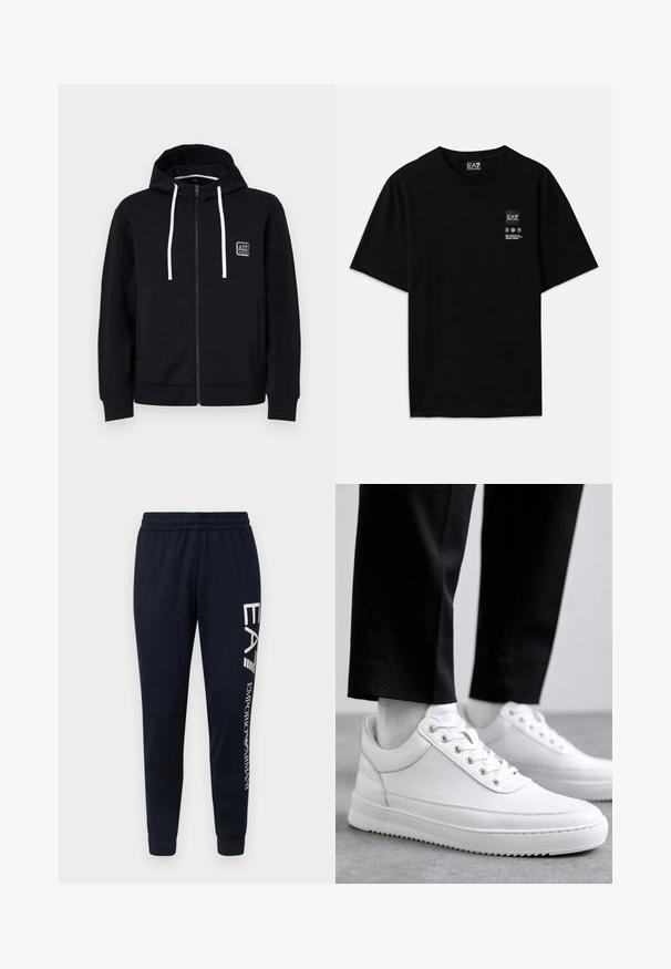 Čierna mikina s kapucňou na zips, biele šnúrky, štruktúrované čierne rukávy a malá logo nášivka na hrudi. Mäkká látka s priliehavým strihom.; Čierne bavlnené tričko s krátkymi rukávmi, okrúhlym výstrihom a malou logom na prednej strane, ktorá obsahuje symboly starostlivosti v bielej farbe.; EA7 Emporio Armani TROUSER - Tepláky - armani blue; Biele kožené tenisky s plochou gumovou podrážkou, s hladkým povrchom, okrúhlou špičkou a kovovými očkami na šnúrky. Nosené s čiernymi nohavicami.