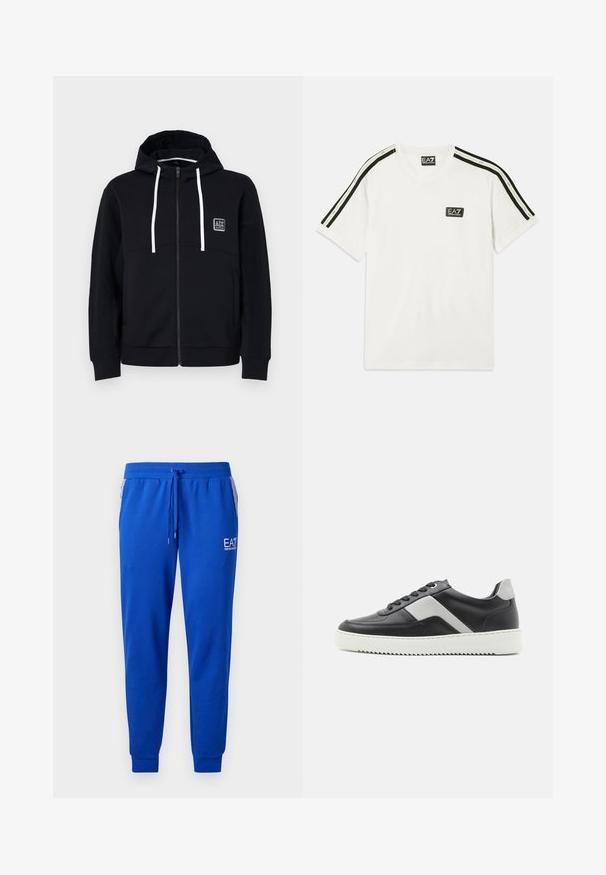 Schwarzer Kapuzenpullover mit Reißverschluss, weißen Kordeln, strukturierten schwarzen Ärmeln und einem kleinen Logo-Patch auf der Brust. Weicher Stoff mit taillierter Passform.; Weißes Baumwoll-T-Shirt mit Rundhalsausschnitt, kurzen Ärmeln, schwarzen Akzentstreifen an den Schultern und kleinem EA7-Logo auf der Brust.; Blaue Sweatpants aus weichem Stoff mit elastischem Bund und Kordelzug. Mit einem Logo am Bein und gestreiften Seitentaschen.; Schwarze Ledersneaker mit grauen Akzenten, weißer Gummisohle, runder Zehenform und sechs schwarzen Ösen für die Schnürsenkel. Strukturierte Seitenpaneel-Details.