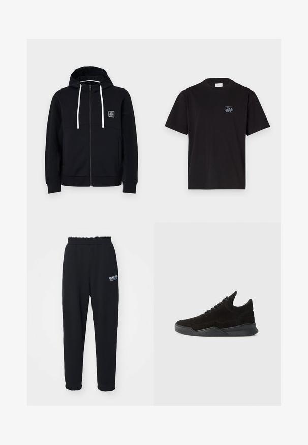 Czarna bluza z kapturem na zamek, białe sznurki, teksturowane czarne rękawy oraz mała naszywka z logo na klatce piersiowej. Miękka tkanina o dopasowanym kroju.; Czarny bawełniany t-shirt z okrągłym dekoltem i krótkimi rękawami. Posiada małe niebieskie logo na lewej piersi. Prosty, prosty krój.; Czarne dresy wykonane z miękkiego materiału, z elastycznym pasem, zwężającymi się nogawkami i małym białym logo po lewej stronie.; Czarne zamszowe trampki o niskim profilu, teksturowana cholewka, płaskie sznurowadła oraz solidna gumowa podeszwa z lekkim obcasem i zaokrąglonym kształtem.