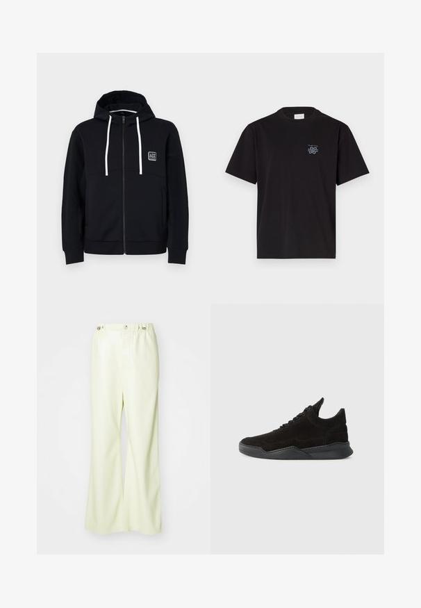 Juodas džemperis su užtrauktuku, baltais raišteliais, tekstūruotomis juodomis rankovėmis ir mažai logotipo etikete ant krūtinės. Minkšta medžiaga su prigludusia forma.; Juodas medvilninis marškinėliai su apvalia kaklo iškirpte ir trumpomis rankovėmis. Yra mažas mėlynas logotipas ant kairiojo krūtinės. Paprastas, tiesus kirpimas.; Šviesiai žali plačiakojai kelnės, pagamintos iš lygaus, šiek tiek blizgaus audinio. Su mygtuku ir elastinga juosmens juosta, turi švarų, pritaikytą dizainą.; Juodos suedes sportiniai bateliai su žemu profiliu, tekstūruotu paviršiumi, plokščiomis raištelėmis ir tvirtu guminiu padu, turinčiu šiek tiek pakilimą ir išlenktą dizainą.