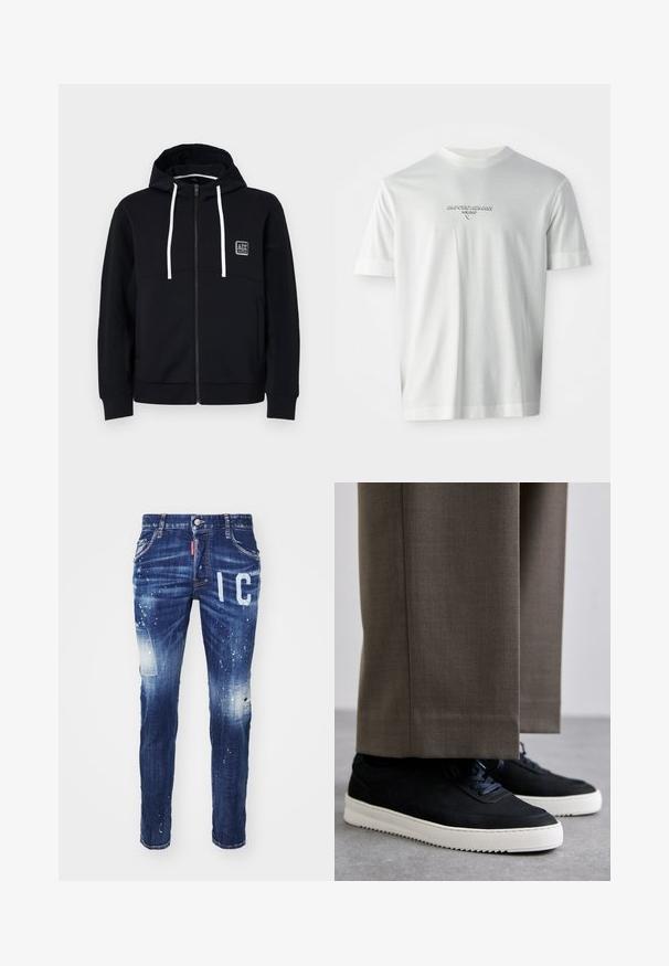 Must mustaga, valged tõmblukud, tekstureeritud mustad varrukad ja väike logopatch rinnal. Pehme materjal ja vormitud stiil.; Valge lühikeste varrukatega T-särk, millel on rinnal kesksel kohal "EMPORIO ARMANI MILANO" logo peene reljeefse kiri.; Sinises teksad slim-fiti lõikega, millel on kulunud detailid, valged värviplekid ja julged "IC" tähtedega kiri ees.; Mustad suleed sneakers valge kummist tallaga, ümarate varvaste ja paeltega, kantud hallide ülikonna pükste kõrval.
