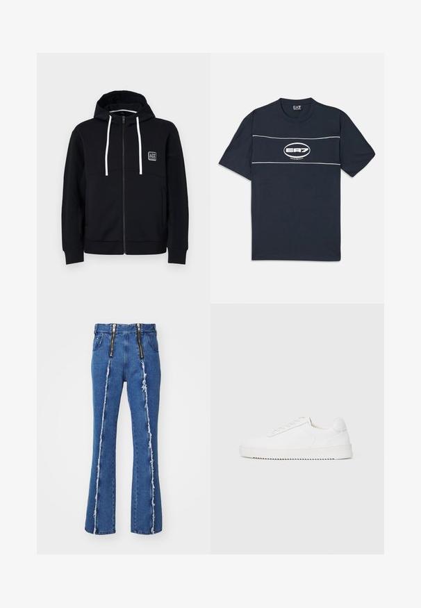 Sudadera negra con cremallera, cordones blancos, mangas negras texturizadas y un pequeño parche del logo en el pecho. Tejido suave con un estilo ajustado.; Camiseta de algodón azul marino de manga corta, con un logo blanco y rayas en el pecho. Cuello redondo, corte relajado.; GmbH FAISAL - Vaqueros rectos - denim blue; Zapatilla blanca con parte superior de cuero suave, puntera redondeada, cordones, acentos laterales texturizados y suela de goma gruesa. Diseño minimalista.