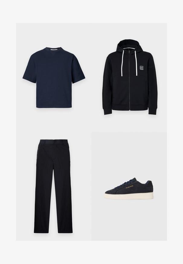 Hoodie negru cu fermoar, șnururi albe, mâneci texturate negre și o mică etichetă cu logo pe piept. Material moale, cu un stil ajustat.; Tricou din bumbac de culoare bleu marin, cu mânecă scurtă și decolteu în V, confecționat dintr-un material moale, având un croi lejer și un design minimalist, fără modele vizibile sau accesorii.; Pantaloni negri dintr-un material ușor, texturat, cu croială drept pentru picioare, talie elastică și buzunare laterale cu fermoar.; Adidași cu talpă joasă din suede bleumarin, cu talpă albă, șireturi bleumarin și logo-ul 'Filling Pieces' în aur pe lateral.