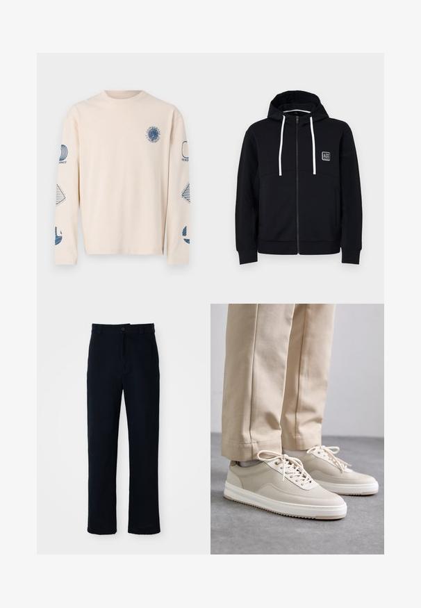 Svart hettegenser med glidelås, hvite snor, teksturerte svarte ermer, og et lite logo-patch på brystet. Mykt stoff med en tettsittende stil.; Langermet, beige T-skjorte laget av bomull. Har blå grafiske trykk på brystet og ermene, med forskjellige geometriske mønstre.; Navyblå bukser laget av bomull, med rett ben-design, frontlukking med knapp og klassisk midje med beltehanker.; Beige joggesko med teksturert overdel, hvite såler og søm detaljer, sammen med beige bukser, vist på en grå overflate.