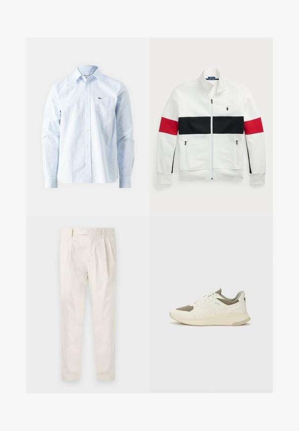 Biely zipsový kabát s stojacím golierom. Obsahuje červené a čierne horizontálne pruhy na hrudi a rukávoch. Dva bočné zipsové vrecká.; Svetlo modrá pruhovaná košeľa z bavlny, s golierom na gombíky, dlhými rukávmi a malým vyšívaným logom na vrecku na hrudi.; Biele plisované nohavice s prispôsobeným strihom, s hladkou textúrou, pútkami na opasok a zúženými nohavicami. Žiadne viditeľné vrecká ani vzory.; Biele a svetlo béžové športové tenisky s hornou časťou z mriežkového materiálu, perforovanými detailmi a textúrovanou medzipodrážkou s logom na päte.