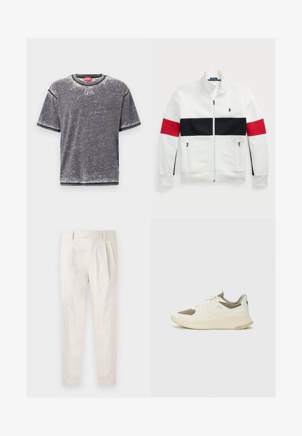 Balta zip-up striukė su stovinčiu apykakle. Puošni raudonai juodomis horizontaliomis juostelėmis per krūtinę ir rankoves. Dvi šoninės užtrauktuku uždaromos kišenės.; Pilkos spalvos trumpomis rankovėmis marškinėliai, pagaminti iš švelnios medžiagos. Turi apvalų iškirpimą ir subtilų toninį raštą. Pirmoje pusėje centre yra logotipo detalė.; Balti, susiūtos kelnes, turinčios pritaikytą siluetą, pasižyminčias lygia tekstūra, dirželio kilpomis ir siaurėjančiomis kojomis. Nėra matomų kišenių ar raštų.; Baltas ir šviesiai bežinis sportinis kedas, su tinklo viršumi, perforuotais detalėmis ir tekstūruotu tarpine su logotipu ant kulno.
