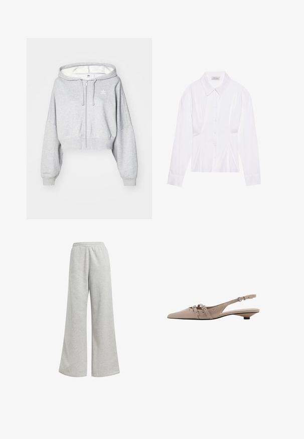 Hanorac scurt, crem deschis, cu fermoar și glugă ajustabilă, având un logo alb pe partea stângă a pieptului și manșete ribbate. Material moale.; Bluză albă cu mâneci lungi, cu guler clasic, închidere cu butoane pe față și detalii pliate pe lateral. Fabrică netedă cu o croială ajustată.; Pantaloni de trening gri cu un design cu picior larg, fabricați dintr-un material moale de bumbac. Prezintă un tiv elastic și ornamentații minime.; Pantofi bej din piele cu toc mic, cu vârf ascuțit, design cu două bretele, catarame din metal și detalii perforate pe laterale.