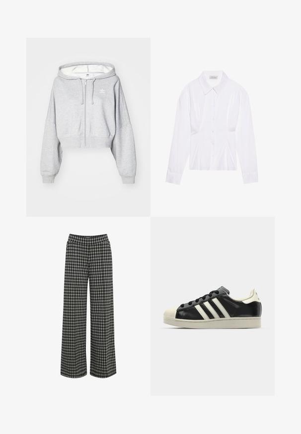 Svetlosivá skrátená zipsová mikina s kapucňou na šnúrky, s bielym logom na ľavej hrudi a rebrovanými manžetami. Mäkký materiál.; Biela blúzka s dlhým rukávom a klasickým golierom, so zapínaním na gombíky vpredu a detailom so zberaním na boku. Hladká tkanina s prispôsobeným strihom.; ICHI IHKATE - Nohavice - vetiver; Čierne kožené tenisky s bielymi pruhmi, gumenou špičkou, čiernymi šnúrkami a krémovobielou podrážkou. Hladký povrch s lesklým finišom.