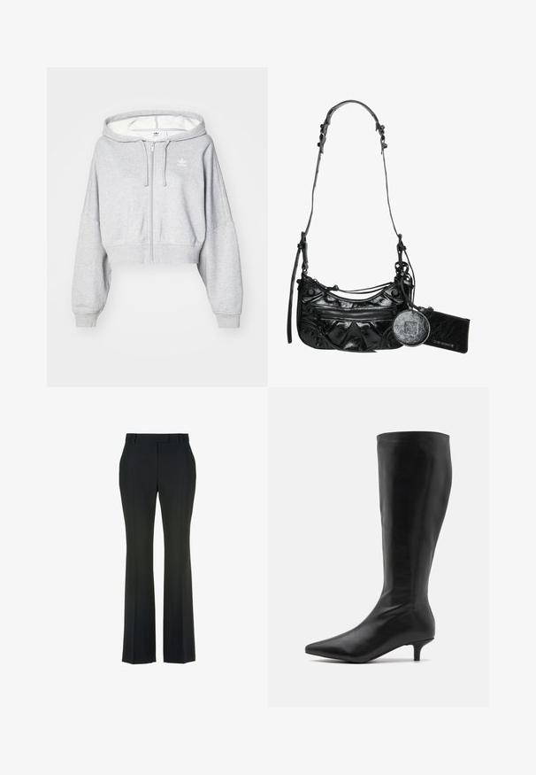 Šviesiai pilkas nukirptas zip-up džemperis su reguliuojamu gobtuvu, kuriame kairėje krūtinės pusėje yra baltas logotipas ir raibos rankogaliai. Minkšta medžiaga.; Balta ilgomis rankovėmis bluzelė su klasikiniu apykaklės dizainu, priekyje su sagų uždarymu ir susiraukšlėjimu šoniniuose detalėse. Lygaus audinio, pritaikyta forma.; Juodos, platėjančios kelnės su sklandžia tekstūra ir priekinėmis raukšlėmis. Ypatybėse yra klasikinis juosmuo ir jokių matomų dekoracijų.; RAID ALPINE - Batai - black; Juodas sintetinis oda rankinukas su kreiviu dizainu, užtrauktuku užsegama priekinė kišenė ir dekoratyvine aparatūra bei nuimamu apvaliu monetų laikikliu.