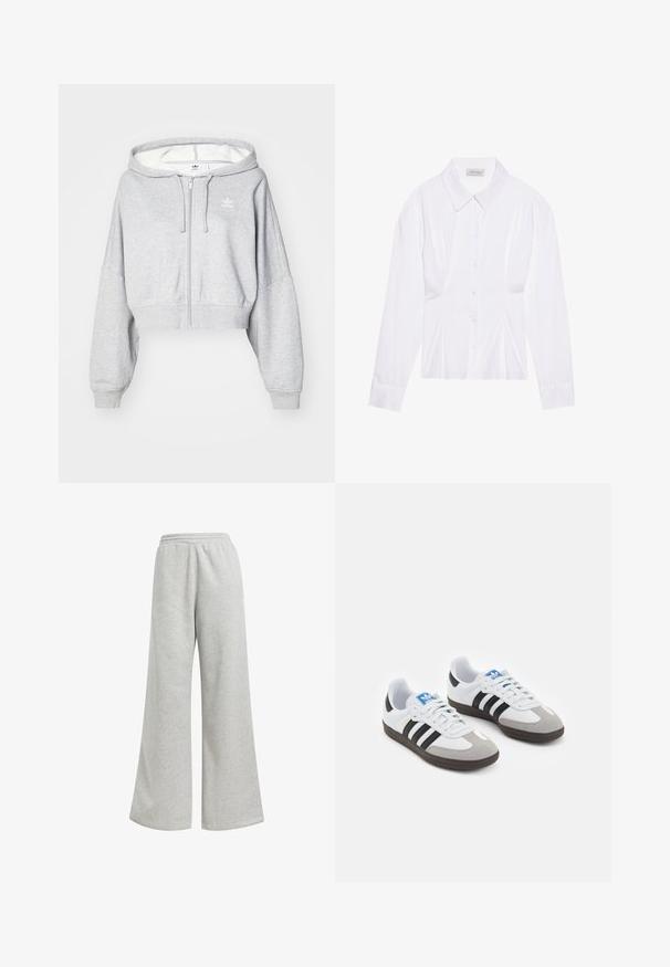 Ljust grå beskuren zip-up hoodie med en dragsnörshuva, med en vit logotyp på vänster bröst och ribbade ärmslut. Mjuk material.; Vit långärmad blus med klassisk krage, framtill knäppning och insidan med rynkning. Slät tyg med skräddarsydd passform.; Grå sweatpants med bred bendesign, tillverkade av mjukt bomullsmaterial. Har ett elastiskt midjeband och minimala utsmyckningar.; Sportskor med överdel i vit läder, grå mocka på tårna och tre svarta ränder. Har en blå logotyp på tungan och en texturerad gummisula.