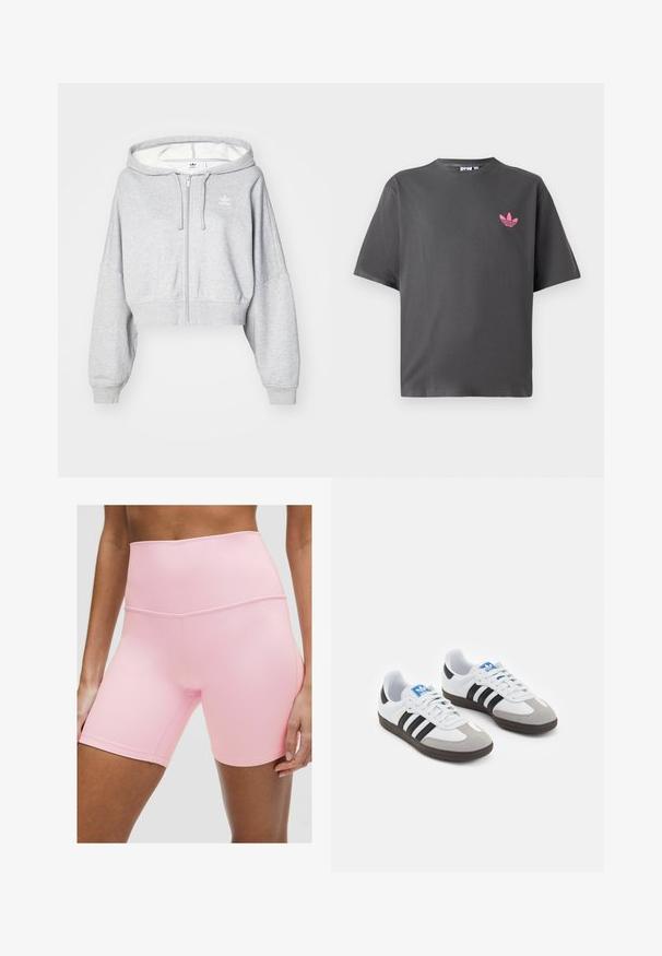 Ljust grå beskuren zip-up hoodie med en dragsnörshuva, med en vit logotyp på vänster bröst och ribbade ärmslut. Mjuk material.; Mörkgrå t-shirt med korta ärmar och en liten rosa Adidas trefoil-logga på vänster bröst, visad mot en vit bakgrund.; Högmidjade rosa träningsshorts gjorda av elastiskt material. Har en mjuk textur och förstärkta sömmar, designade för komfort och rörlighet.; Sportskor med överdel i vit läder, grå mocka på tårna och tre svarta ränder. Har en blå logotyp på tungan och en texturerad gummisula.