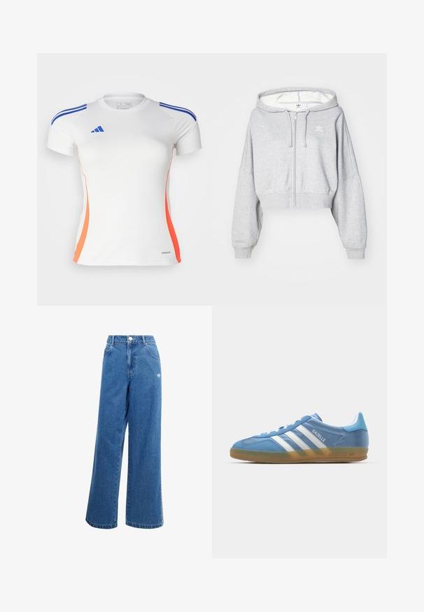 Světlá šedá zkrácená zipová mikina s kapucí na šňůrku, se bílým logem na levé hrudi a žebrovanými manžetami. Měkký materiál.; adidas Performance TIRO24 JERSEY - Sportovní tričko - white/lucid blue/app solar red; Modré džíny s širokými nohavicemi, vysokým pasem, předními kapsami a malým bílým logem na bocích. Trochu vybledlý vzhled.; adidas Originals GAZELLE INDOOR - Tenisky - footwear white