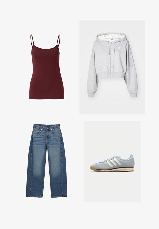 Lichtgrijze cropped zip-up hoodie met een trekkoord kap, met een wit logo op de linkerborst en geribbelde manchetten. Zacht materiaal.; Bordeaux cami-top van gladde stof met verstelbare spaghettibandjes en een fitted pasvorm, met een rechte zoom.; Brede blauwe jeans van denim, met een klassieke vijf-pocketontwerp, een vervaagde wassing en tonale stiksels.; Lichtblauwe suède sneakers met witte drie streepen, rubberen zool en textuur-mesh. Voorzien van een gladde neuskap en branding op de hak.