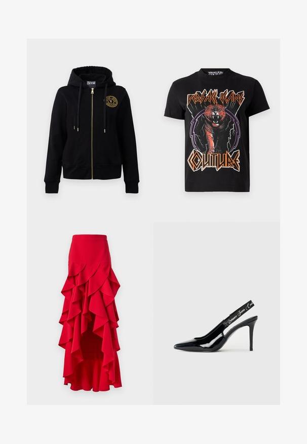 Sweatshirt negru cu glugă, cu fermoar aurit și emblemă. Prezintă mâneci lungi, manșete ribbed și glugă cu șnur. Textură de material moale.; Tricou negru din bumbac cu un grafic al unui tigru portocalie, cu text îndrăzneț "VERSACE JEANS COUTURE" într-o tipografie stilizată și accente de fulger.; Fustă roșie cu volane, cu un tiv asimetric. Prezintă volane suprapuse pe talie și pe laturi, realizată dintr-un material fin. Brâu elastic.; Pantofii cu toc slingback din piele patent neagră, cu vârf ascuțit, prezentând o zonă decupată și o bandă elastică embosată cu numele brandului.