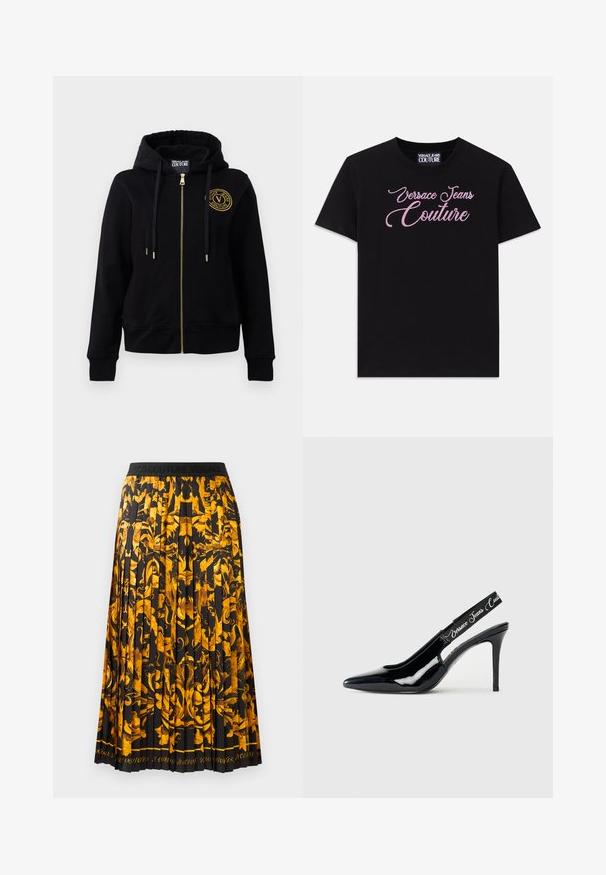 Črna kapuca s kapuco in zlatim zadrgo ter emblemom. Ima dolge rokave, rebraste manšete in kapuco s vrvico. Mehak tekstura tkanine.; Črna bombažna majica s kratkimi rokavi, ki ima na prsih okrašeno besedilo "Versace Jeans Couture" s roza kamni.; Plisirana krila z črnim materialom in živahnim zlatim cvetličnim vzorcem. Pas je črn z embosiranim napisom.; Črne lakaste slingback pete s koničastim nosom, ki vsebujejo izrezan del in elastičen trak z utisnjenim imenom blagovne znamke.