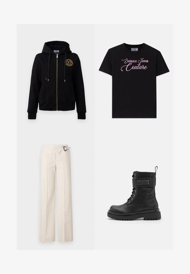 Mustaline kapuutsiga sweatshirt kuldse tõmbluku ja embleemiga. Omab pikki varrukaid, soonikkoes mansette ja reguleeritavat kapuutsi. Pehme kangasteksts.; Mustra must t-särk lühikeste varrukatega, millel on roosa rhinestone'i kaunistus "Versace Jeans Couture" tekst rinnal.; Kreemivärvilised laiad püksid tekstuurse pinnaga. Omab külgpainutusi ja dekoratiivset vööd ringikujulise pandlaga.; Mustas sõjaväekingi läikiva viimistlusega, millel on pehmendusega kannaosa, nööridega esiosa ja logomotiiviga rihm üle toe. Kautšukist siseosa.