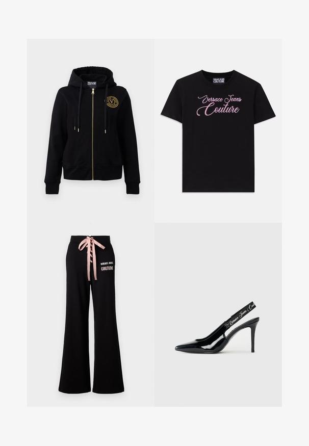 Sort hættetrøje med guld lynlås og emblem. Har lange ærmer, ribbede manchetter og hætte med snøre. Blødt stof.; Sort bomulds T-shirt med korte ærmer, der har lyserøde rhinsten-dekorerede "Versace Jeans Couture" tekst på tværs af brystet.; Sorte løse bukser lavet af blødt stof, med en pink båndsløjfe i taljen og Versace Jeans Couture-logoet på fronten.; Sorte patentlæder slingback hæl med spidse tæer, der har en udskåret sektion og en elastisk rem prydet med mærkenavnet.