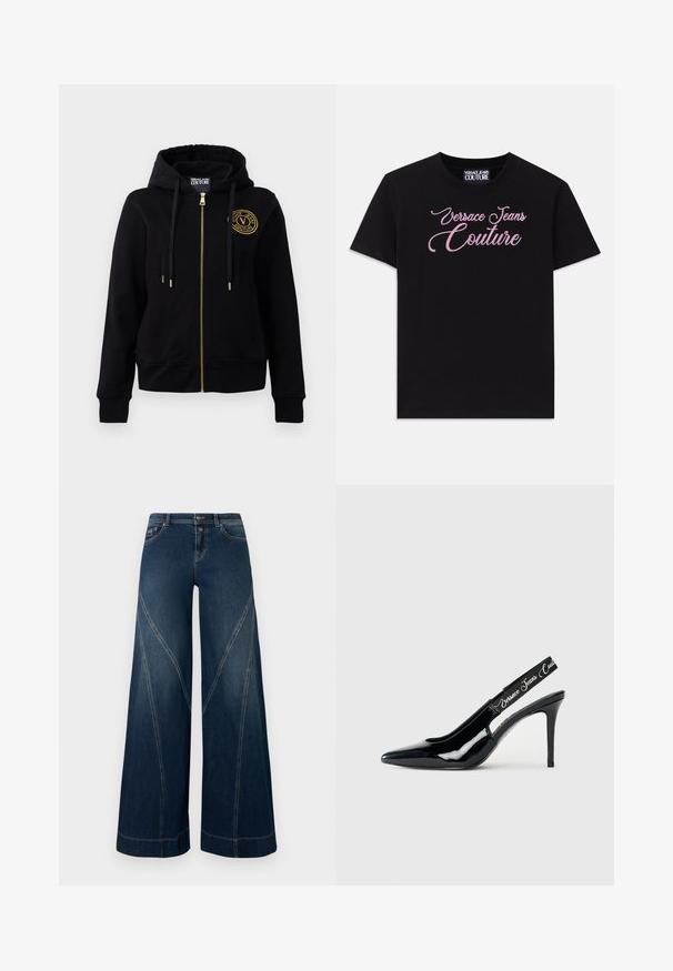 Melnas kapuces sporta jakas ar zelta rāvējslēdzēju un emblēmu. Tai ir garas piedurknes, volāni uz gumijas un kapuce ar auklu. Mīkstas auduma tekstūra.; Melns kokvilnas t-krekls ar īsām piedurknēm, kura krūtīs ir rozā akmens pērlītēm rotāts "Versace Jeans Couture" uzraksts.; Platās kājas tumši zilas džinsa bikses ar kontrastējošām šuvēm un gludu, teksturētu virsmu. Aprīkotas ar priekšējiem kabatām un pogas aizdari.; Melna lakota āda ar aizsistēm slingi, ar norādītas formas purngalu, kas satur izgriezumu un elastīgu siksniņu ar iegravētu zīmola nosaukumu.