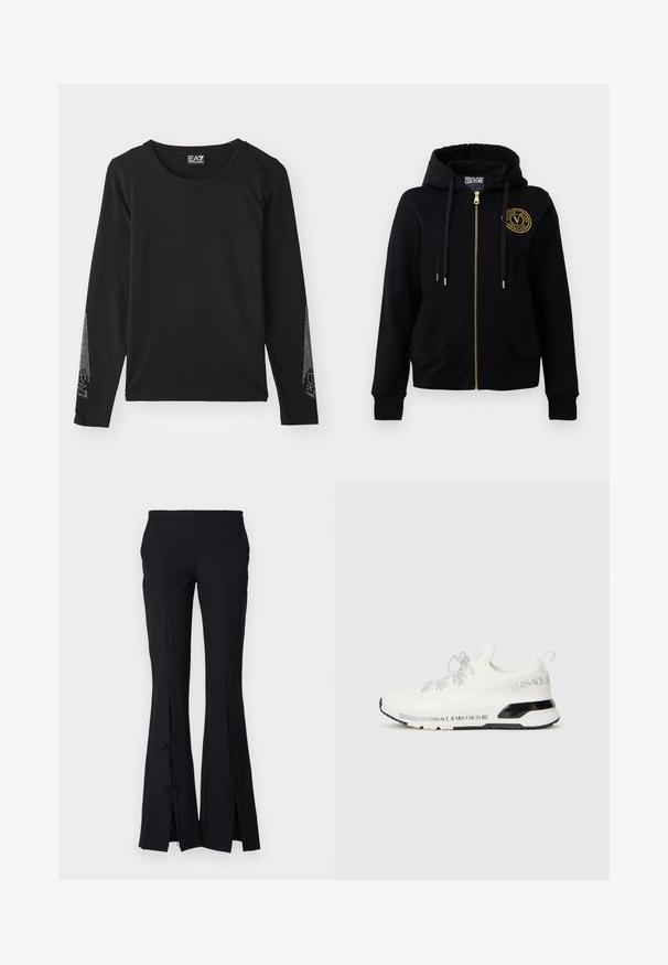 Juodas gobtuvas su auksiniu užtrauktuku ir emblema. Turi ilgas rankoves, gumbuotus rankogalius ir reguliuojamą gobtuvą. Minkšta audinio tekstūra.; Juodas ilgomis rankovėmis marškinėliai, pagaminti iš minkštos medžiagos, su apvaliu iškirptė ir sidabriniais papuošimais palei rankoves gradientiniu raštu.; Juodi plačiai floruoti kelnių, pagaminti iš lygaus audinio, su plyšiais apatinėje dalyje, surišamais kaspinais, kad pridėtų papildomą detalę.; Baltos sportbačiai su tinklinėmis viršutinėmis dalimis, juodais akcentais ir atspindinčiomis raištelėmis. Ant šono yra „VERSACE JEANS COUTURE“ ženklas.