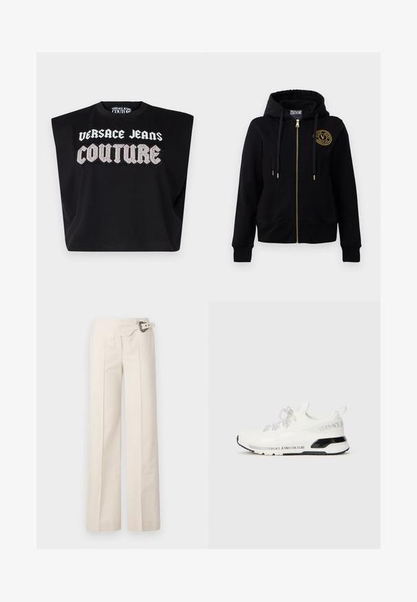 Juodas gobtuvas su auksiniu užtrauktuku ir emblema. Turi ilgas rankoves, gumbuotus rankogalius ir reguliuojamą gobtuvą. Minkšta audinio tekstūra.; Juodas trumpas marškinėliai su plačiomis rankovėmis, su drąsiais baltais ir deimantais papuoštais užrašais "VERSACE JEANS COUTURE" priekyje.; Plati kelnės iš kremiško audinio su tekstūruota paviršiumi. Su šoninėmis raukšlėmis ir dekoratyviu diržu su apvaliu sagtimi.; Baltos sportbačiai su tinklinėmis viršutinėmis dalimis, juodais akcentais ir atspindinčiomis raištelėmis. Ant šono yra „VERSACE JEANS COUTURE“ ženklas.