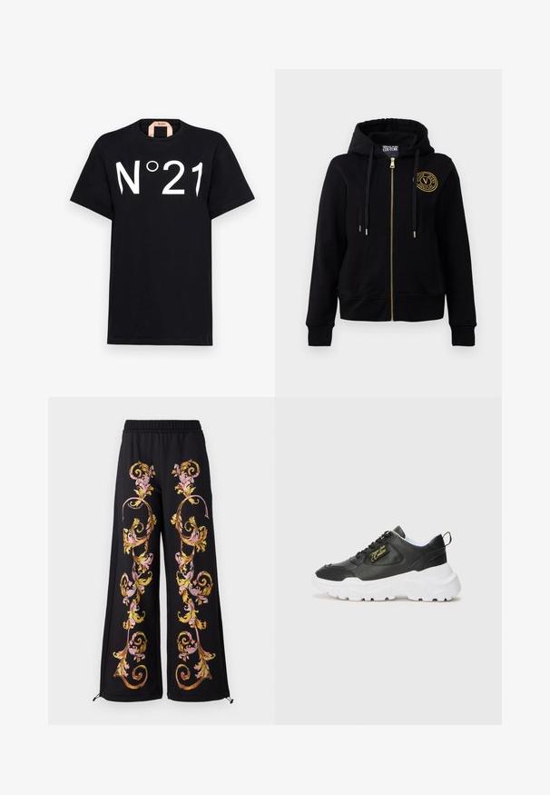 Sort hættetrøje med guld lynlås og emblem. Har lange ærmer, ribbede manchetter og hætte med snøre. Blødt stof.; N°21 T-shirts print - black; Sorte vide benbukser med farverig blomsterbroderi i pink og gul langs siderne. Med elastisk talje og lynlåsdetaljer.; Sort læder sneaker med hvid gummisål, der har en polstret krave, snørebånd fortil og gul logo-detalje på siden.