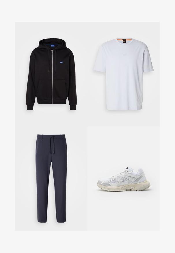 Haut à capuche zippé noir en coton avec une poche kangourou, une capuche réglable par cordon, et un logo bleu sur la zone gauche de la poitrine.; T-shirt en coton blanc avec un col rond, arborant un logo "BOSS" en relief discret sur la poitrine et des manches courtes. Texture lisse, coupe décontractée.; Pantalons de jogging navy avec une taille élastique et un cordon de serrage. Fabriqués dans un matériau lisse, avec des jambes effilées et sans poches visibles.; Baskets de sport blanches avec des panneaux en maille, une semelle en caoutchouc et des accents argentés. Présente un bout arrondi et un design à lacets pour un maintien sécurisé.
