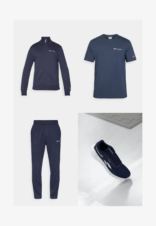 Champion ICONS CONTRAST FULL ZIP - Športna jopa s kapuco na zadrgo - navy; Mornarsko modra majica s kratkimi rokavi iz bombaža z okroglim ovratnikom in belim logotipom "Champion" na prsih in rokavu.; Mornarice jogger hlače iz mehkega blaga, z elastičnim pasom in majhnim belim logotipom na levem stegnu. Oblika s tesno prilegajočimi nogami.; Mornarska športna obutev z teksturirano zgornjo stranjo, belimi poudarki in blaženim podplatom. Ima vezalni dizajn in logotip na jeziku.