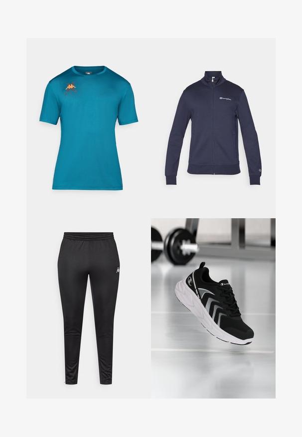 Champion ICONS CONTRAST FULL ZIP - Jaka ar rāvējslēdzēju - navy; Tirkīza krāsas īsām piedurknēm T-krekls gludā audumā arapaļo kakla izgriezumu. Uz krūtīm ir neliels oranža un tumši sarkanā krāsā logo.; Melni sporta bikses, kas izgatavotas no gludas, stiepjamas auduma, ar elastīgu jostu un baltu logo uz kreisā augšstilba.; Melnas sporta kurpes ar sietu augšdaļu, baltām akcentiem un teksturētu zoli. Iezīmējas ar mīkstu apkaklīti un mēli, kā arī ar logotipu sānos.