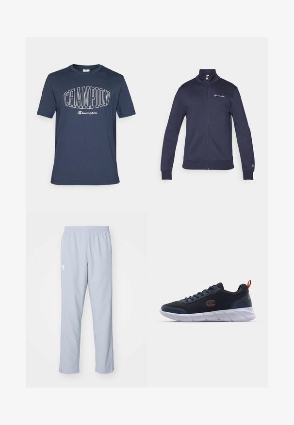Champion ICONS CONTRAST FULL ZIP - Zip-up sweatshirt - navy; Navy blue cotton t-shirt with short sleeves, featuring "CHAMPION" in large white letters across the chest and an embroidered logo on sleeve.; Light blue athletic pants with an elastic waistband, side pockets, and ankle zippers. Features a white logo on the left thigh.; Champion JOLT - Training shoe - navy/koi