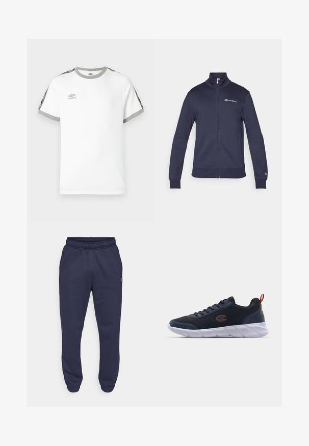 Champion ICONS CONTRAST FULL ZIP - Zip-up sweatshirt - navy; White short-sleeve T-shirt with gray collar and cuffs, black and gray stripes on sleeves, and Umbro logo on the chest.; Champion ICONS CUFF PANTS - Tracksuit bottoms - navy; Champion JOLT - Training shoe - navy/koi