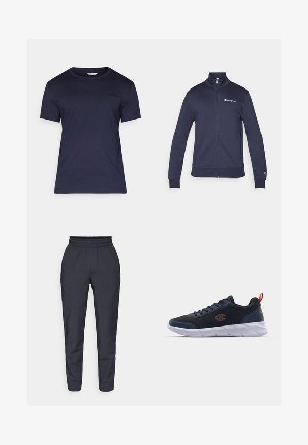 Champion ICONS CONTRAST FULL ZIP - Bluză de molton cu fermoar - navy; Tricou navy blue cu mânecă scurtă din material moale, design cu guler rotund și un subtil logo negru "BORG" pe piept. Are o croială lejeră.; Pantaloni tapered de culoare navy, confecționați dintr-un material moale, cu un talie elastică, buzunare laterale și o textură netedă cu detalii de cusătură subtile.; Champion JOLT - Pantofi training - navy/koi