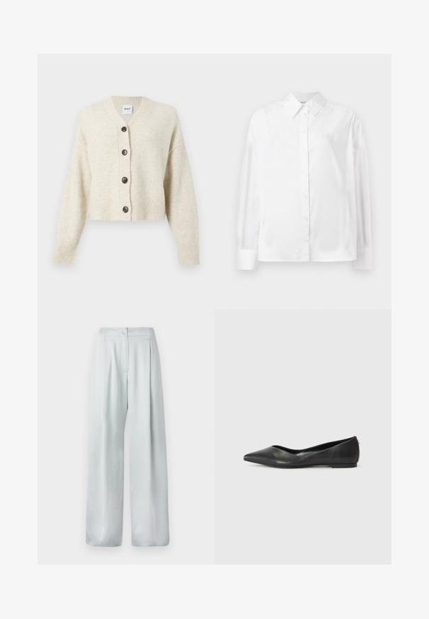 Světle béžový pletený cardigan s výstřihem do V, pěti tmavými knoflíky, žebrovanými manžetami a lemem. Měkká textura a zkrácený střih.; Bílá košile s dlouhým rukávem z hladké bavlněné směsi. Obsahuje klasický límec, přední zapínání na knoflíky a zaoblené manžety.; Světle šedé široké kalhoty s hladkou texturou, mají přední zapínání na knoflík a sklady pro přidaný detail.; Černé kožené baleríny s špičatou špičkou, nízkým podpatkem a hladkým povrchem. Minimální design s jemným bočním akcentem.