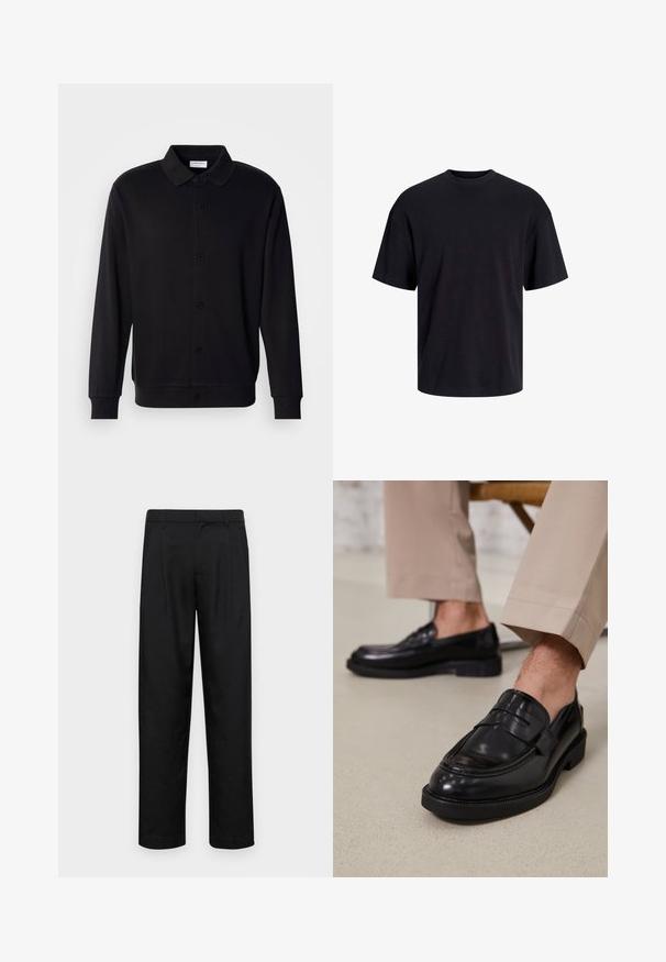 Lindbergh Športna jopa s kapuco na zadrgo - black; Črna bombažna majica s krojačkom izrezom, kratkimi rokavi in sproščenim krojem. Gladka tekstura in brez vidnih vzorcev ali poudarkov.; Črne hlače iz gladkega materiala, s krojem ravne noge, dvema sprednjima pregiboma in standardnim pasom z zankami za pas.; Črne usnjene loafer čevlje z gladko površino, ki imajo okrasno zaponko in kontrastno šivanje, v kombinaciji s bež hlačami.