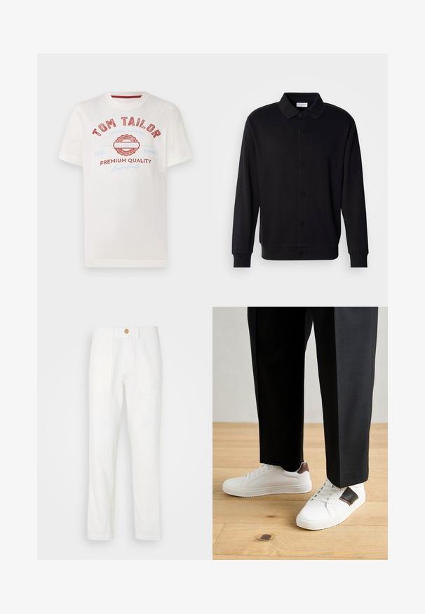 Lindbergh Zip-up sweatshirt - black; White cotton t-shirt featuring red and blue print with "TOM TAILOR," a circular logo, and text "PREMIUM QUALITY" in various fonts.; White fabric trousers with a straight cut, featuring two front pockets and a button closure. Smooth texture and clean design.; White sneakers with smooth texture, featuring brown leather accents and black detailing, paired with black tailored pants. Wooden floor background.