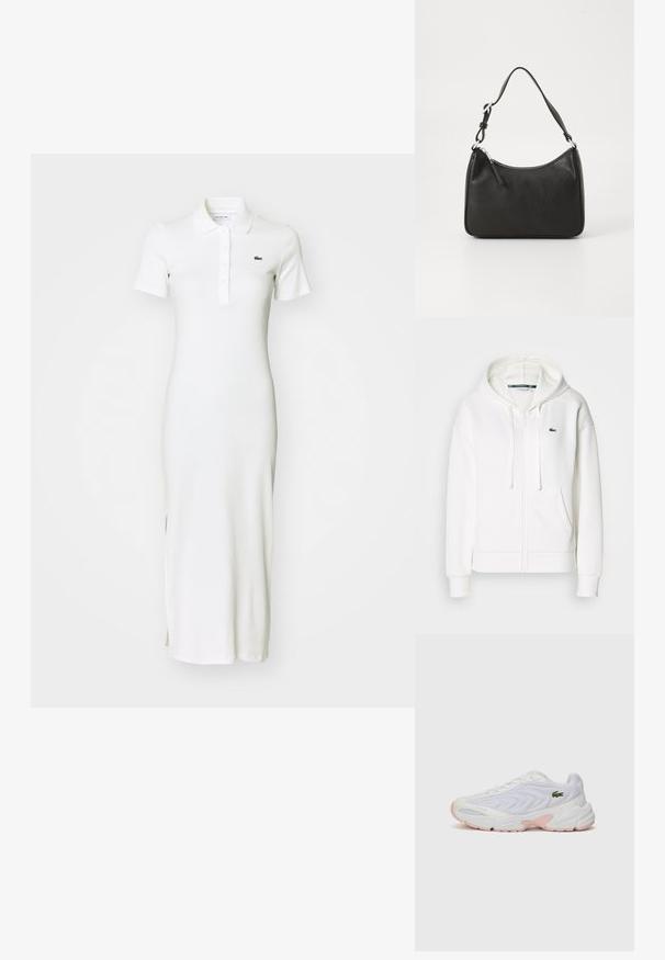 Bílá mikina na zip vyrobená z měkké látky, s kapucí, klokankovými kapsami a malým zeleným logem Lacoste na levé straně hrudi.; Bílá žebrovaná maxi šaty s krátkými rukávy, límečkovým výstřihem, zapínáním na knoflíky a jemnými postranními rozparky. Na hrudi se nachází malé zelené logo.; Bílé sportovní boty s texturovaným meshovým svrškem, jemnými růžovými akcenty na podrážce a zeleným krokodýlím logem na boku.; Černá kožená kabelka s zakřiveným tvarem, s jedním popruhem, zipovým uzávěrem a decentním logem na přední straně. Hladká textura, minimalistický design.