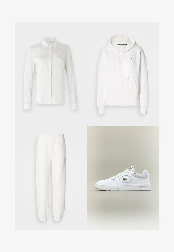 Witte zip-up hoodie gemaakt van zachte stof, met een capuchon, kangoeroezakken en een klein groen Lacoste-logo op de linkerborst.; Lacoste Overhemdblouse - lapland; Witte sweatpants van zacht, gebreid materiaal. De elastische tailleband en boorden zorgen voor een ontspannen pasvorm. Minimalistisch ontwerp, zonder zichtbare patronen of accenten.; Witte leren sneaker met gaasaccenten, ronde neus en platte veters. Kenmerkt zich door een groen krokodillenlogo en "LACOSTE" branding op de hiel.