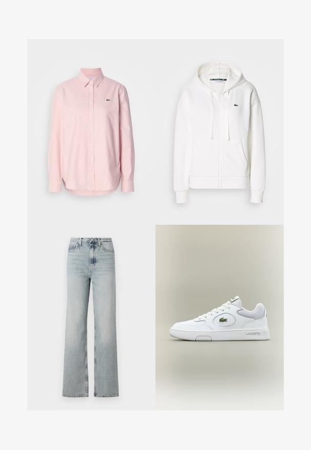 Hanorac alb cu fermoar, realizat dintr-un material moale, având glugă, buzunare tip cangur și un mic logo verde Lacoste pe partea stângă a pieptului.; Cămașă roz deschis cu mânecă lungă și nasturi, confecționată din bumbac. Prezintă un guler clasic și un mic logo verde pe piept. Croi ajustat.; Jeans din denim de culoare albastru deschis, cu talie înaltă și o siluetă largă, având cinci buzunare și o decolorare subtilă pe întreaga țesătură.; Adidași din piele albă cu accente din plasă, vârf rotund și șireturi plate. Prezintă un logo de crocodil verde și branding "LACOSTE" pe călcâi.