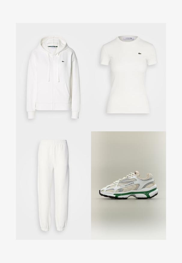 Valge lukuga kapuutsiga dressipluus, mis on valmistatud pehmest kangast. Sellel on kapuuts, konksukotid ja vasakul rinnal väike roheline Lacoste logo.; Valge lühikese varrukaga ribakootud T-särk ümarate kaelustega ning vasakul rinnal väike roheline Lacoste krokodilli logo. Sile puuvillane kangas.; Valged dressipüksid pehmest kootud kangast. Elastne vöökoht ja mansetid tagavad mugava istuvuse. Minimalistlik disain, ilma silmapaistvate mustrite või aktsentideta.; Lacoste'i tennisajal on valge võrkmaterjalist ülaserv, millel on hõbedased ja rohelised aktsendid, tekstuurilised detailid ning must kummist põhi, millel on lilla rõhuasetus.