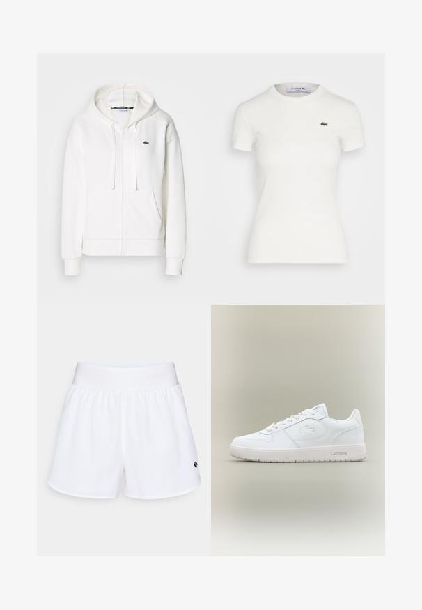 Balts zip-up kapuci džemperis, izgatavots no mīkstas auduma, ar kapuci, kangoru kabatām un mazu zaļu Lacoste logotipu kreisajā krūtī.; Balts īsām piedurknēm ribots t-kreklis ar apaļu kakla izgriezumu un mazu zaļu Lacoste krokodila logo kreisajā krūtī. Gluda kokvilnas auduma.; Baltas audums sporta šorti ar elastīgu jostu un mazu zilo logotipu. Gluda tekstūra, līdz ceļgaliem, ar sānu spraugām kustīguma nodrošināšanai.; Baltas ādas sporta apģērbs ar gludu virsmu, noapaļota purngala, aukliņu slēgšanas dizains un smalks iespiests logo sānos. Aprīkots ar gumijas zoli.