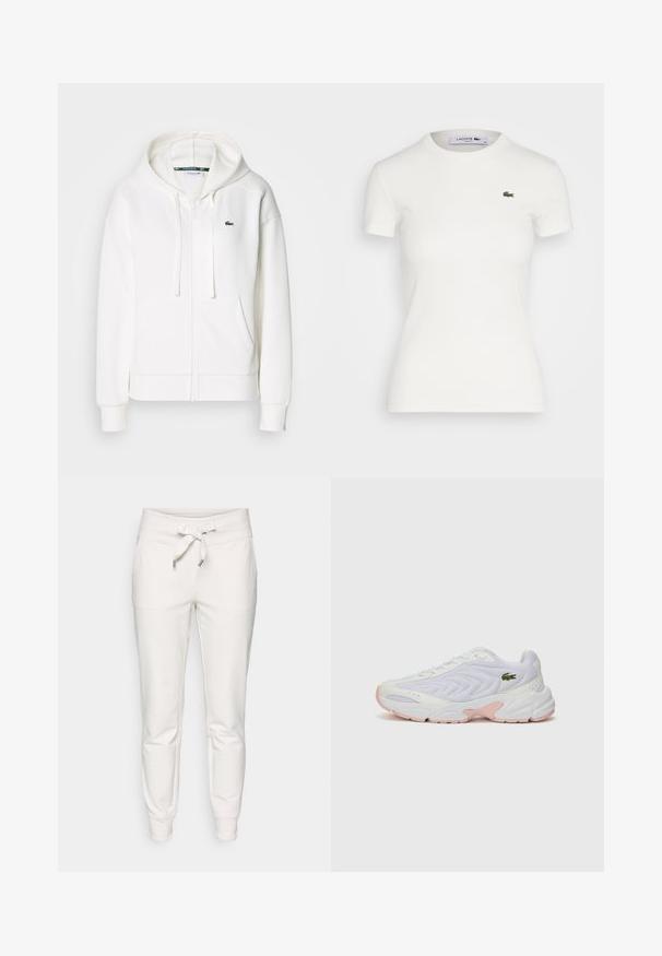 Bijela zip-up dukserica od mekanog materijala, s kapuljačom, kengur džepovima i malim zelenim Lacoste logom na lijevoj strani grudi.; Bjela kratka potkošulja s rebrastim uzorkom i okruglim izrezom, uz mali zeleni Lacoste krokodil logo na lijevoj strani prsnog koša. Glatka pamučna tkanina.; Bijele trenirke izrađene od mekog materijala, s elastičnim pojasom na vezanje, elastičnim završecima i dvije bočne džepove za praktičnost.; Bijele atletske cipele s teksturiranim mrežastim gornjištem, suptilne ružičaste akcentne boje na potplatu i zeleni krokodilov logotip sa strane.