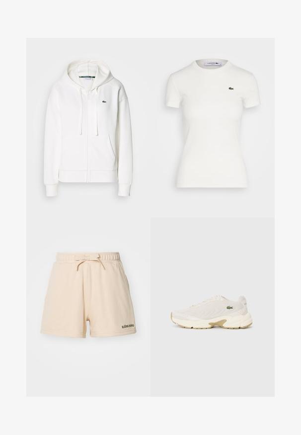 Valge lukuga kapuutsiga dressipluus, mis on valmistatud pehmest kangast. Sellel on kapuuts, konksukotid ja vasakul rinnal väike roheline Lacoste logo.; Valge lühikese varrukaga ribakootud T-särk ümarate kaelustega ning vasakul rinnal väike roheline Lacoste krokodilli logo. Sile puuvillane kangas.; Beige lühikesed püksid pehmest kangast, millel on elastne vöökoht ja pael, ning väike roheline logo vasakul all nurgas.; Lacoste'i tenniset kreemis mesh-kattega, millel on tekstureeritud lainemuster, beežid aktsendid ja diskreetne logo küljel. Paks valge vahepool ja kummist välispind.