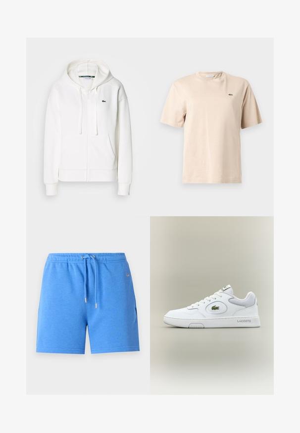 Valkoinen vetoketjuhuppari, joka on valmistettu pehmeästä kankaasta. Tässä hupparissa on huppu, kengurupocketit ja pieni vihreä Lacosten logo vasemmalla rinnalla.; Beige puuvillainen t-paita, jossa on pyöreä pääntie, lyhyet hihat ja pieni vihreä kirjailtu krokotiililogomerkki vasemmassa rinnassa.; Siniset puuvillashortsit, joissa on joustava vyötärö, kiristysnauha ja kultasävyiset yksityiskohdat. Ominaisuudet sileä pinta ja sivutaskut.; Valkoinen nahkainen tennari verkkokudoksilla, pyöreällä kärjellä ja tasaisilla nauhoilla. Varustettu vihreällä krokotiililogolla ja "LACOSTE" -brändillä kantapäässä.
